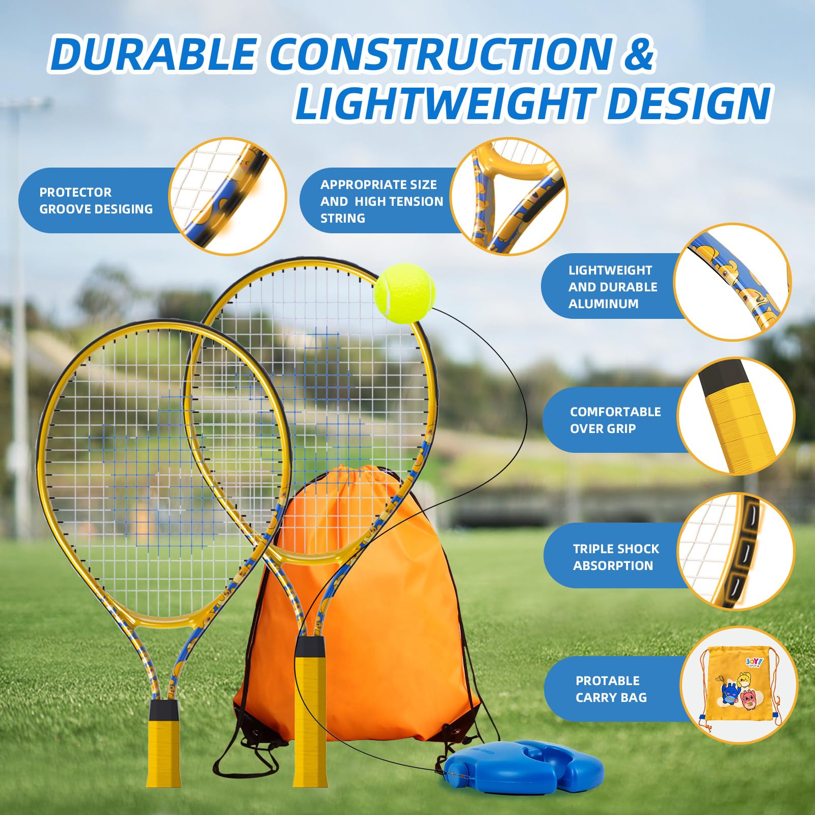 JOY SPORT! 2 Pack Tennisschläger für Kinder, Tennis Trainer Set mit Rebound Ball, Schnur & Tasche