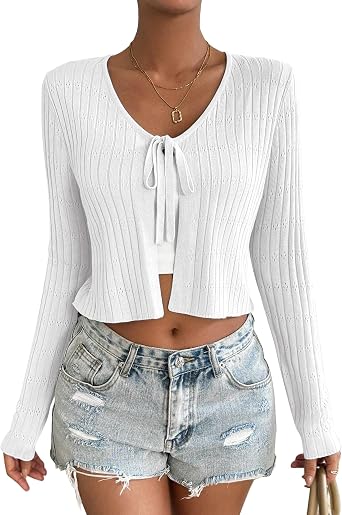 Womens Tie Front Cardigan Long Sleeve Rib Knit Shrug for Dress Sweaters Crop Tops