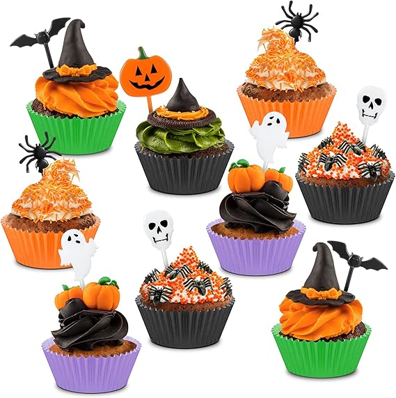 150 Pieces Halloween Picks Set - 50 Plastic Cupcake Topper Pumpkin Ghost Toothpicks With 100 Paper Cupcake Liners Muffin Wrappers Baking Cups for Kids Birthday Party Supplies