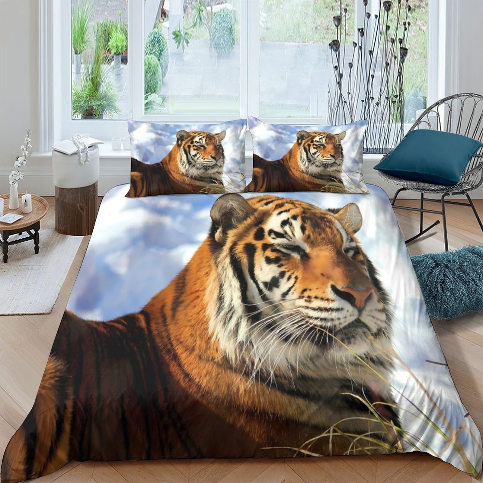 Ctjqhvkz Style-4 3D Printed Tiger Jungle Fitted Sheet Microfiber Soft Anti-Slip Wild Animal Bed Cover For Bedroom Guest Room Decor Single（135X200cm）