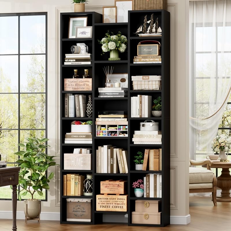 Estantería negra de 71 pulgadas de alto con 21 cubos, estantería triple de ancho y alto | Librería de 8 niveles con 8 estantes ajustables, estantería grande para almacenamiento en torre multimedia de DVD/CD, vitrina independiente