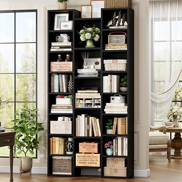 FOTOSOK 71 Tall Bookshelf with 21 Cubes, 8 Tier Triple Wide Black Bookshelf with 8 Adjustable Shelves, 35" Large Bookcase DVD/CD Media Tower Storage, Freestanding Display Shelf Cabinet, Black