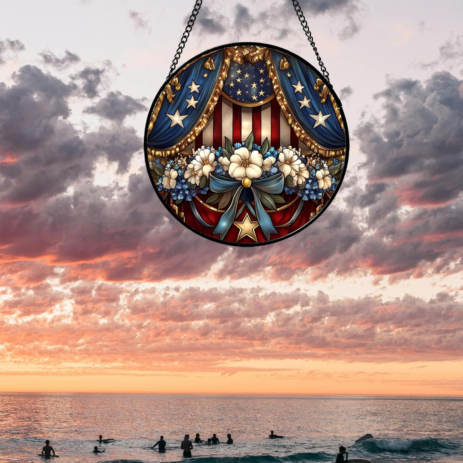 Stained Glass Window Hanging White Flower American Flag Element 7.8" - Suncatcher Door Garden Sun Catcher Home Decor Birthday Christmas for Mom Woman Friend Nana