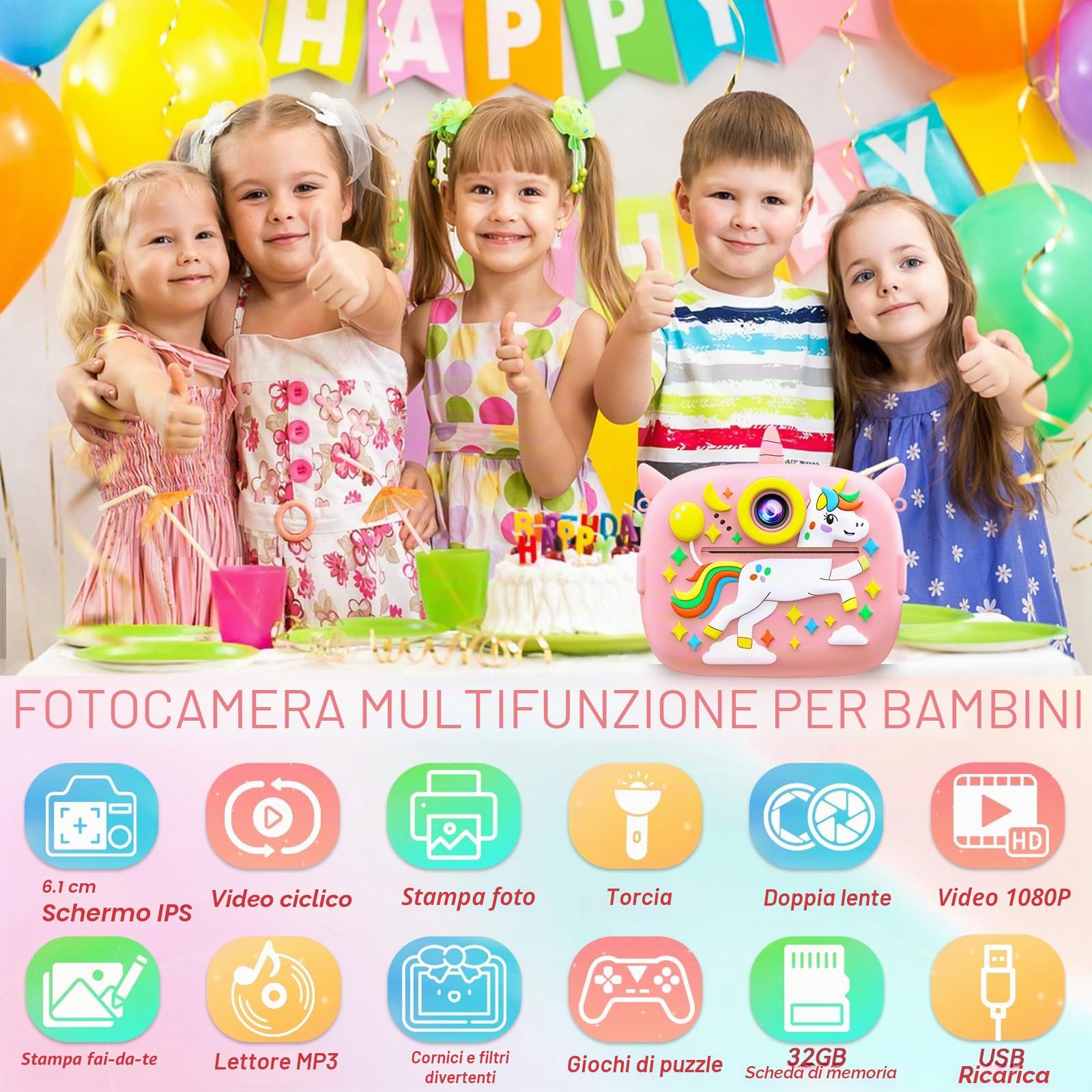 Macchina Fotografica Bambini, 2,4 Pollici Macchina Fotografica Istantanea, 1080P Macchina Fotografica Bambini Istantanea, con 32GB Scheda SD e Carta da Stampa, Regalo per Bambini dai 3-12 Anni