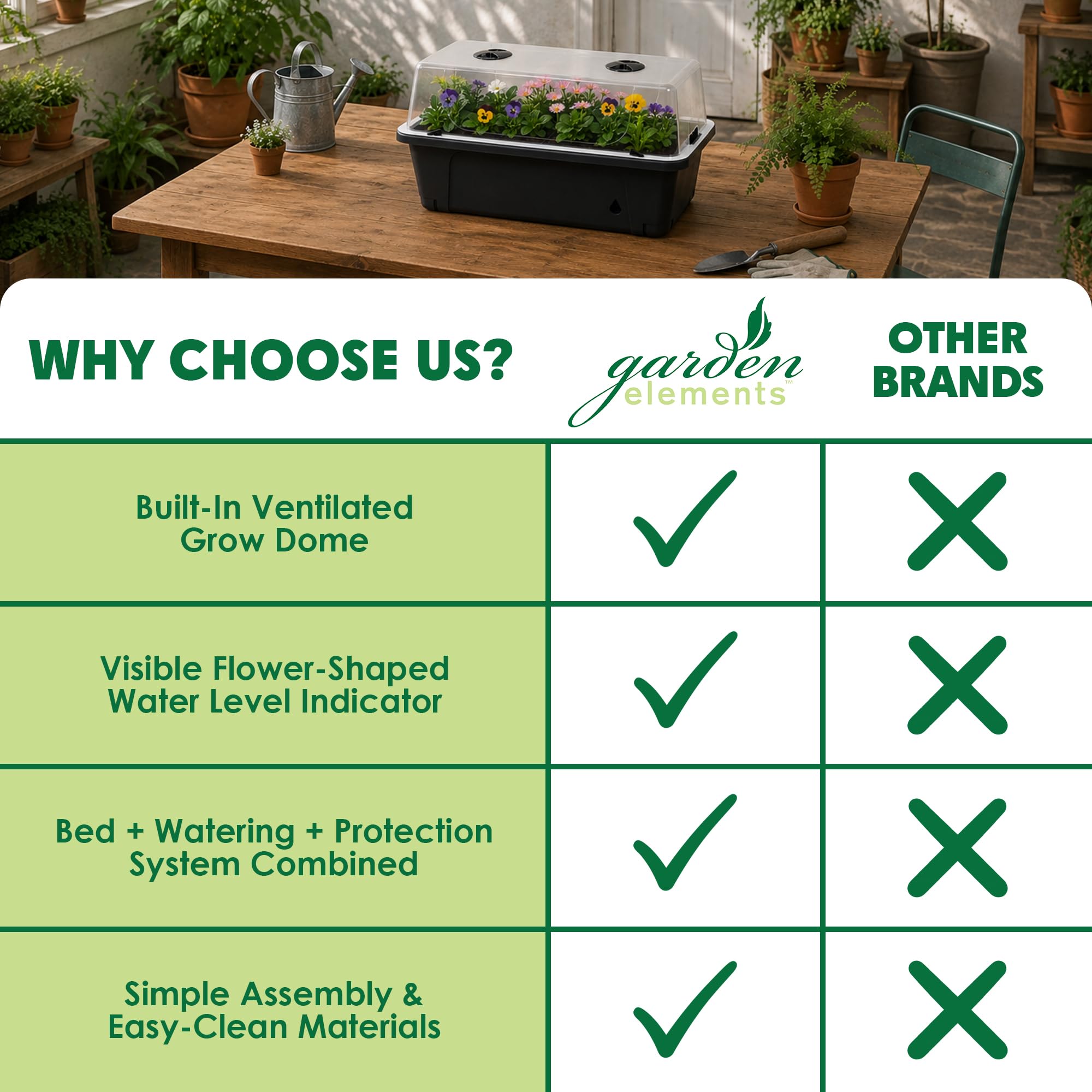 Garden Elements Cama de jardín elevada negra de 29.5 x 15 pulgadas, maceta de riego automático con cúpula de cultivo ventilada para verduras, hierbas y semillas en interiores y exteriores