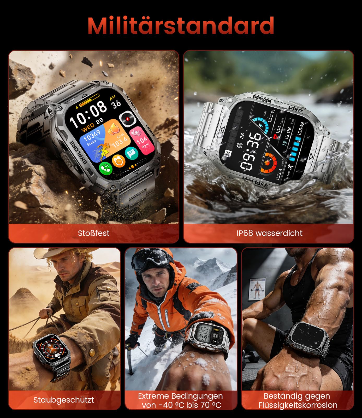 FITFLEX Militär Smartwatch Herren mit 1000 mAh,2,01" HD Großes Touchscreen Smartwatch mit Telefonfunktion/Herzfrequenz/SpO2/Schlafmonitor,IP68 Wasserdicht Fitnessuhr mit 120+Sportmodi für iOS Android