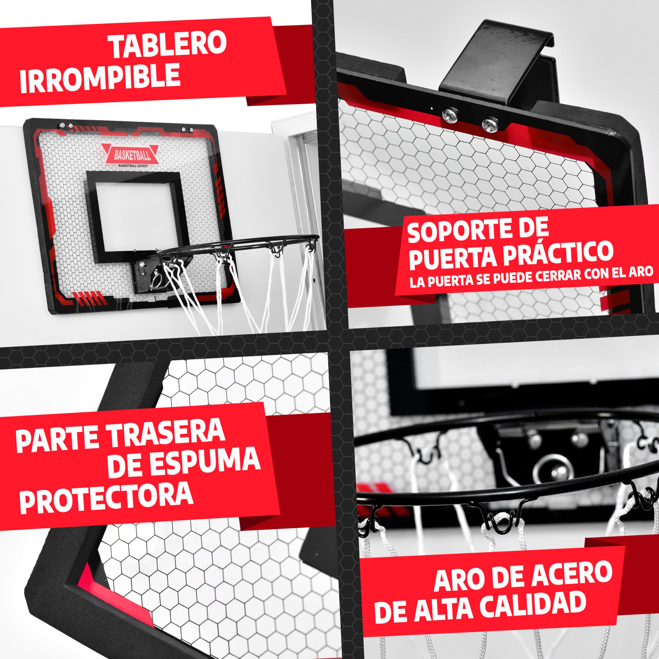 Mini Canasta de Baloncesto Interior [para Puerta & Pared] - Aro de Baloncesto Pequeño con Función de Mate, 4 Pelotas, Bomba & Accesorios de Montaje - para Niños y Adultos