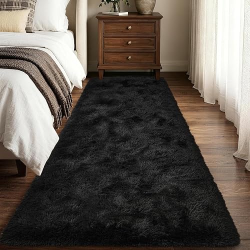 2x6 Black Runner Rug for Bedroom Hallway Living Room, Fluffy Shag Area Rug for Bedside Entryway, Indoor Soft Carpet for Nursery Kids Room Home Decor