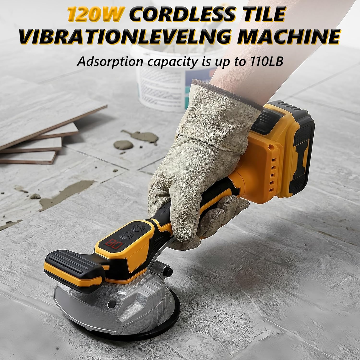 Tile Vibration Tool for Dewalt 20V Battery,Cordless Tile Vibration Leveling Machine with 8 Speed,Suction Cup,Digital Display& Lock Design,Max 25000r/Min for Floor/Tile/Wall(Battery Not Included)