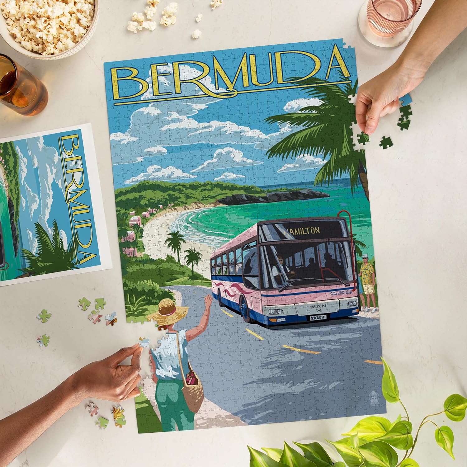 Lantern Press Bermuda, Pink Bus on Coastline 1000 Piece Jigsaw Puzzle for Adults, Made in USA with Reference Poster