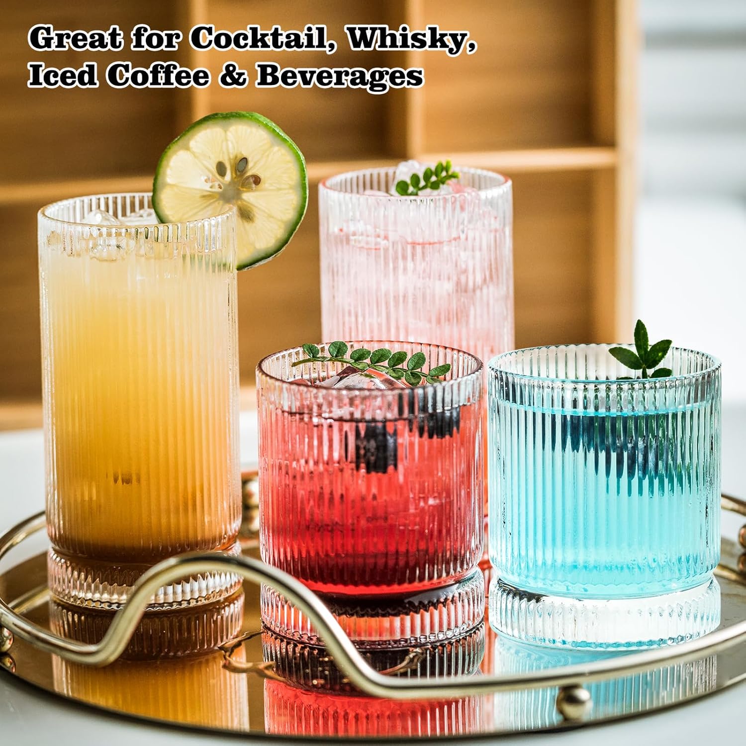 KEMORELA Drinking Glasses Set of 8, Ribbed Glassware, 13 Oz Old Fashioned Whiskey Glass, Vintage Glassware, Origami Style Cocktail Glasses, Clear Bar Glasses for Iced Coffee & Beverages (8PCS) - Image 6