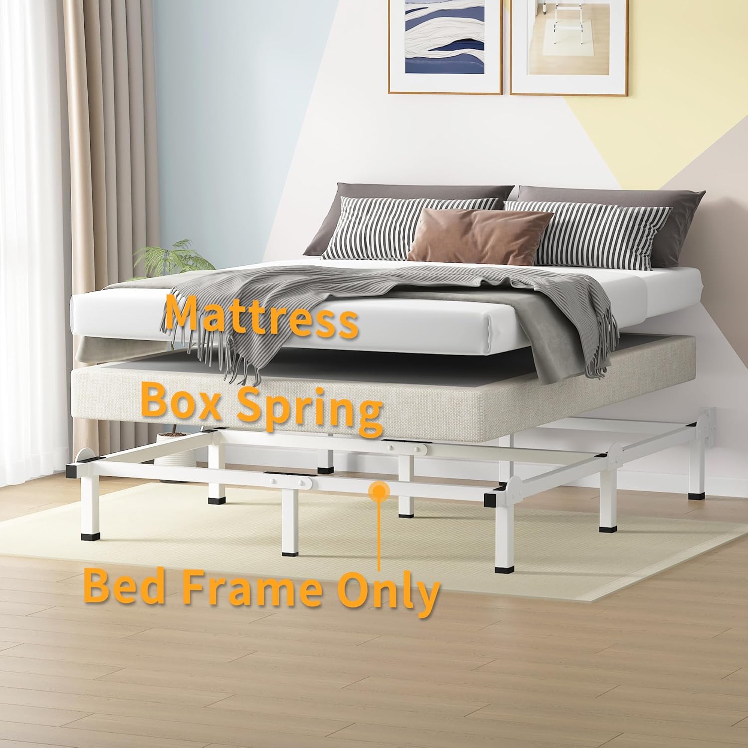 Superay Metal Bed Frame, 9-Leg Bed Base, 8 inches Support for Box Spring, Full, Easy Assembly, White