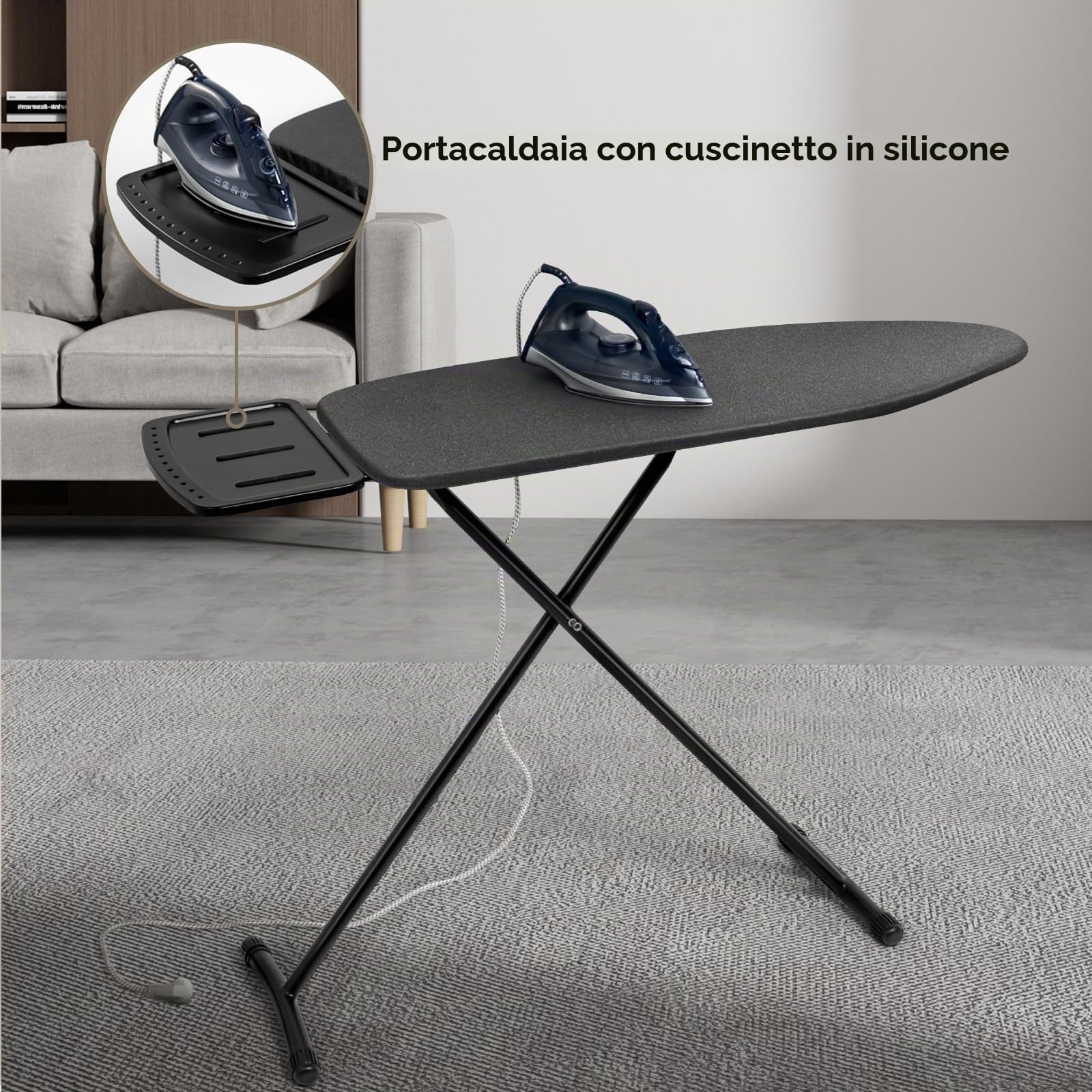Duwee Asse da stiro 33 x 96 cm con rivestimento resistente al calore e schiuma da 10 mm, asse da stiro compatta con poggia ferro da stiro a vapore in silicone, altezza regolabile, nero