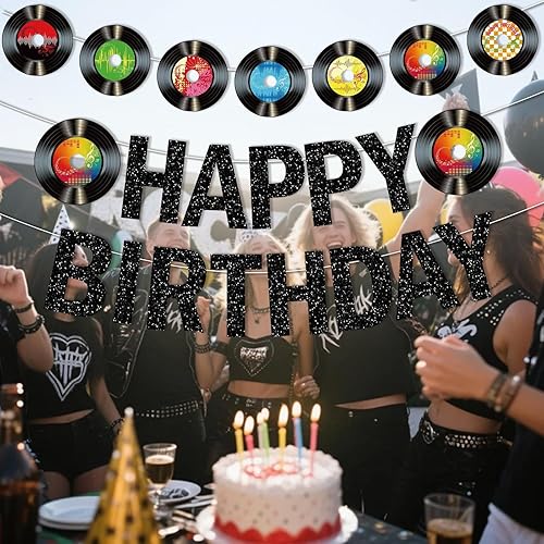Miniatura 5 de Decoraciones de cumpleaños de música rock and roll, decoraciones de discos de vinilo, decoraciones de fiesta de rock and roll con pancarta de feliz