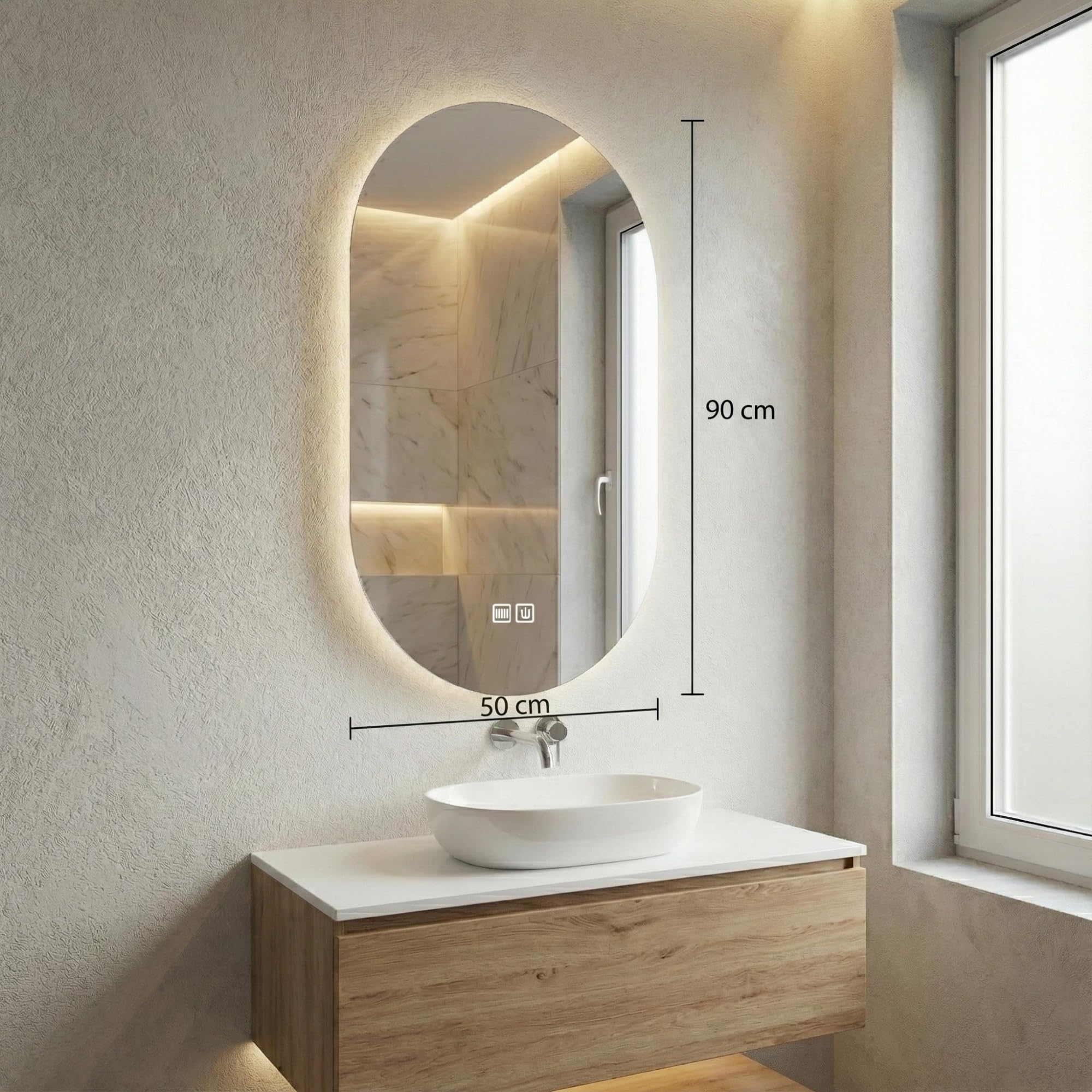 Bayt Espejo de baño - Espejo de pared ovalado con iluminación - Antivaho -2 modos de luz - 50x90cm - Blanco