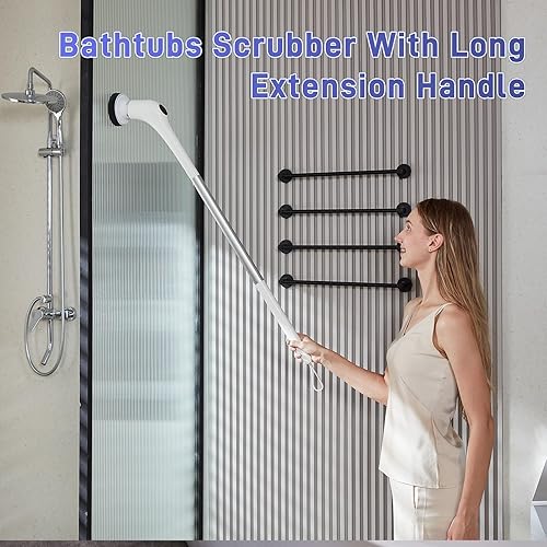 Miniatura 4 de Limpiador eléctrico giratorio  Limpiador de ducha para bañera, cepillo de limpieza de baño, cepillos de piso con mango largo, limpiador automático