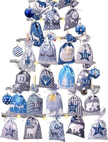 Adventskalender zum Befüllen Stoffbeutel, 24 stoffsäckchen Kette zum selber Bast