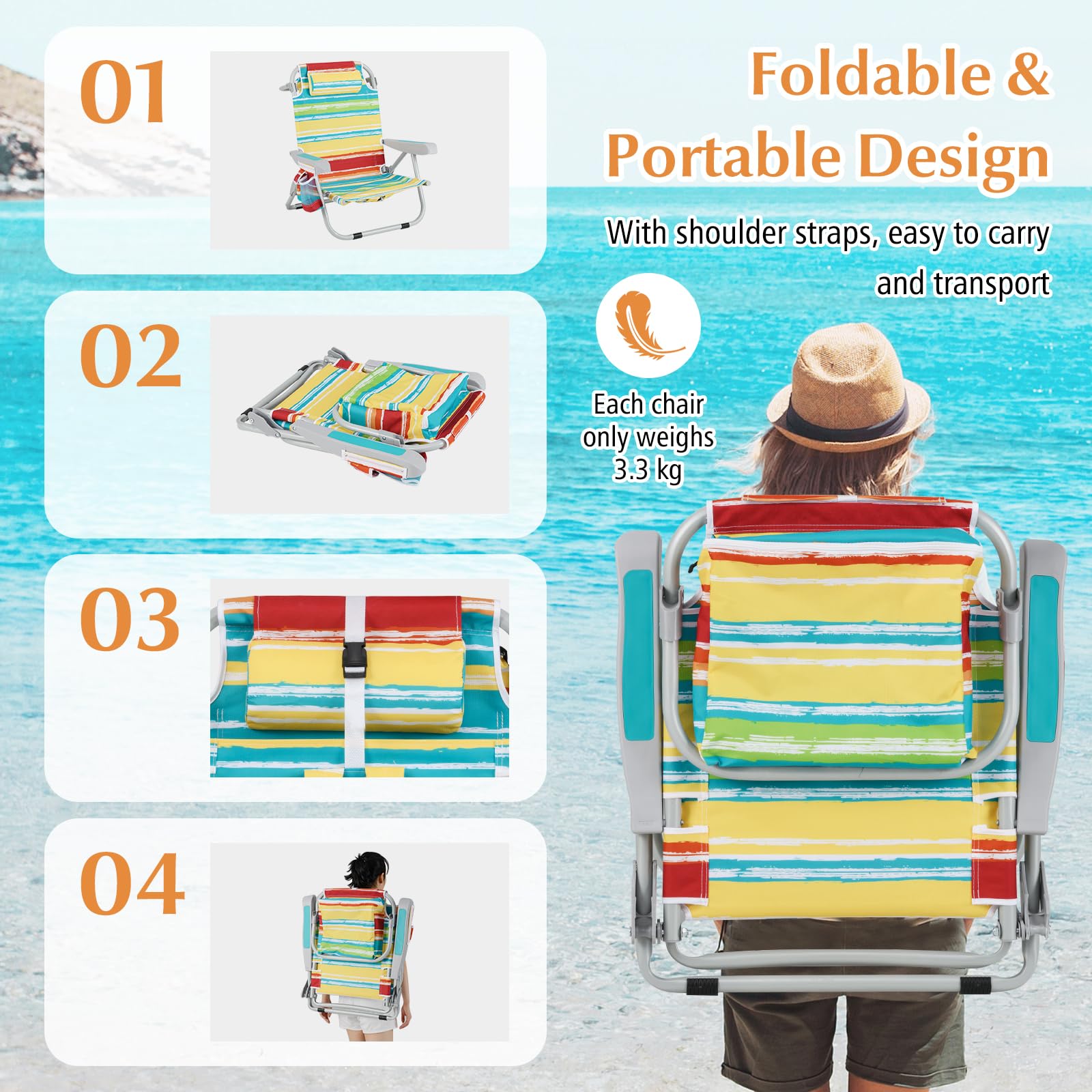 KOMFOTTEU Sedia da Spiaggia Pieghevole, Spiaggina con Schienale Regolabile in 5 Posizioni, Sdraio Mare con Poggiatesta, Lettino Prendisole con Tasca Laterale, Carico 150 kg，Colorato：2