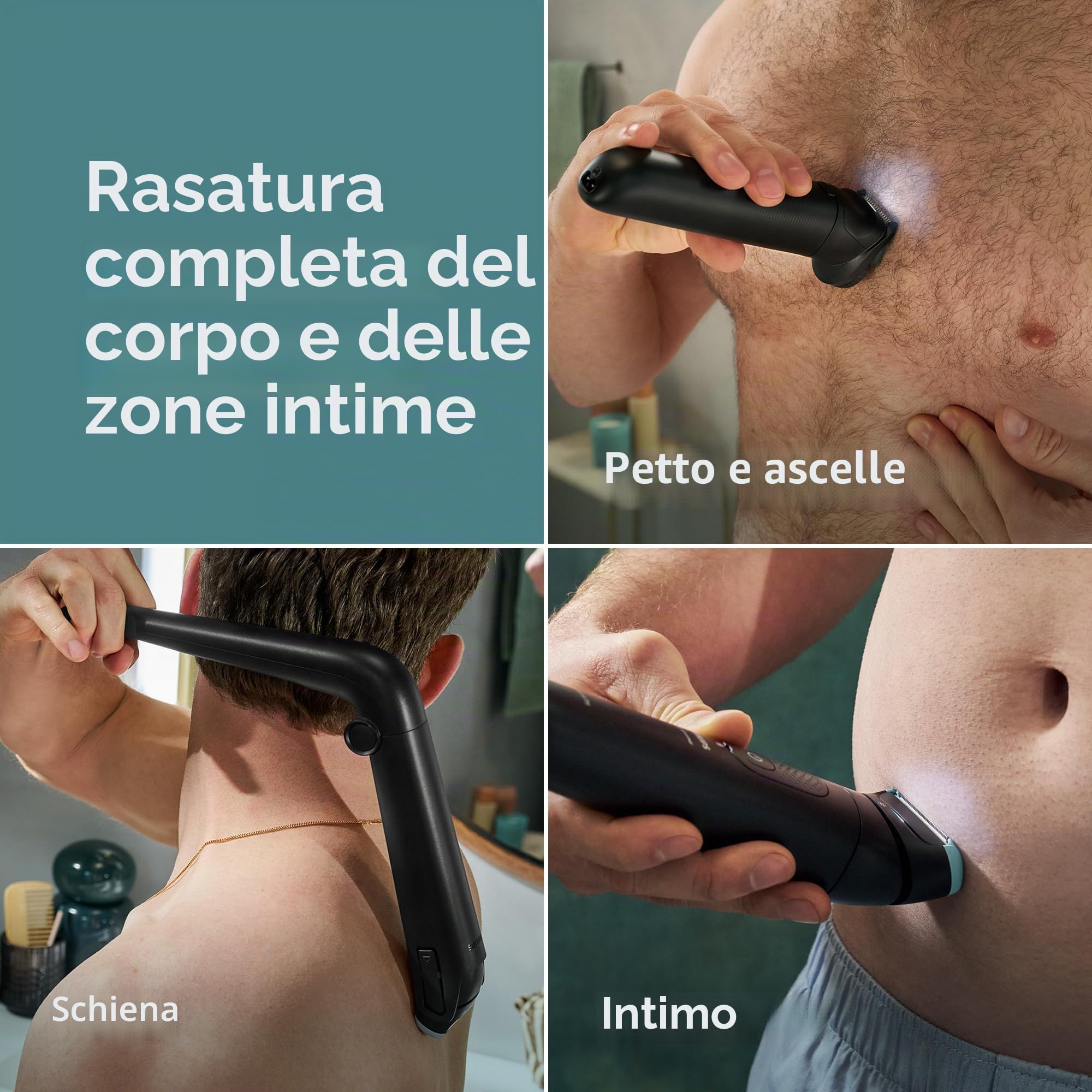 Philips Norelco Body Groomer serie 7000, Groomer per tutto il corpo, testina flettente 2D che segue i contorni, sistema di rasatura tripla protezione e rasoio per capelli intimi, 100% impermeabile