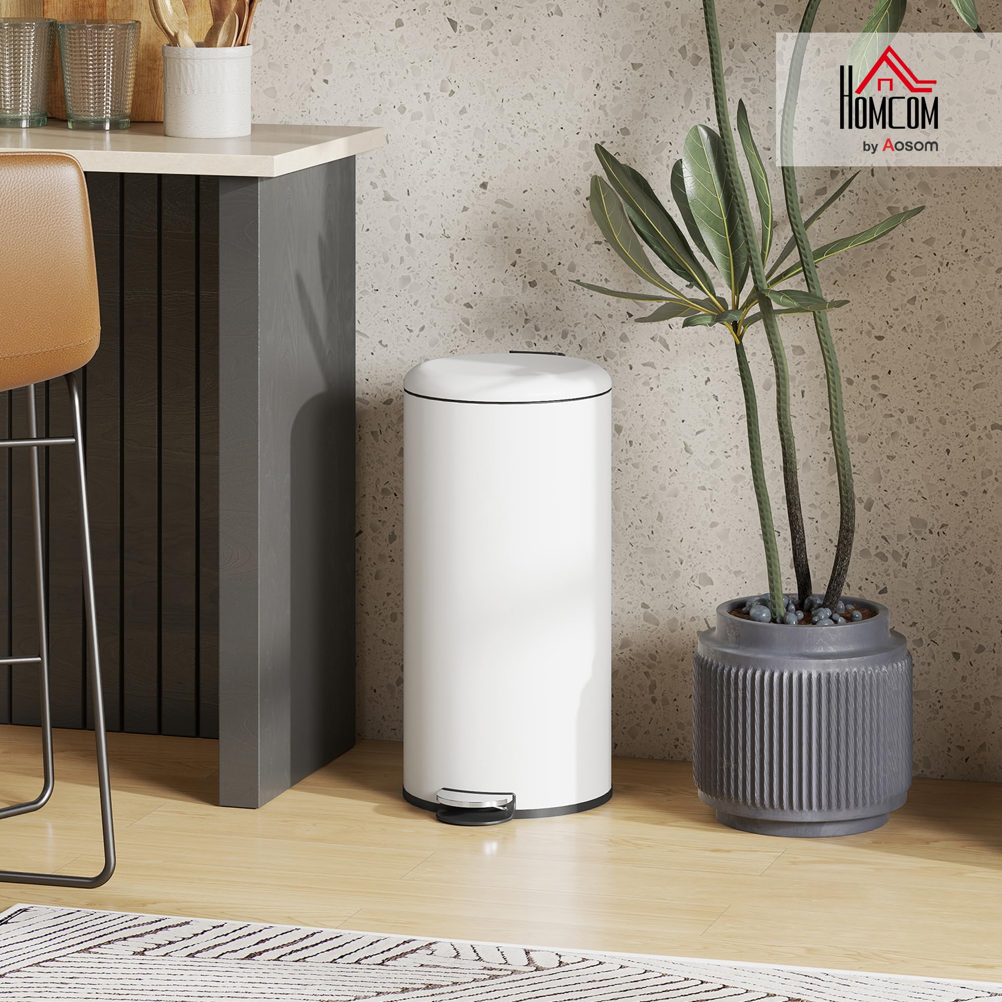HOMCOM Cubo de Basura para Cocina 30L Papelera de Cocina con Pedal Tapa de Cierre Suave y Cubo Extraíble para Dormitorio Oficina Estudio Salón Crema
