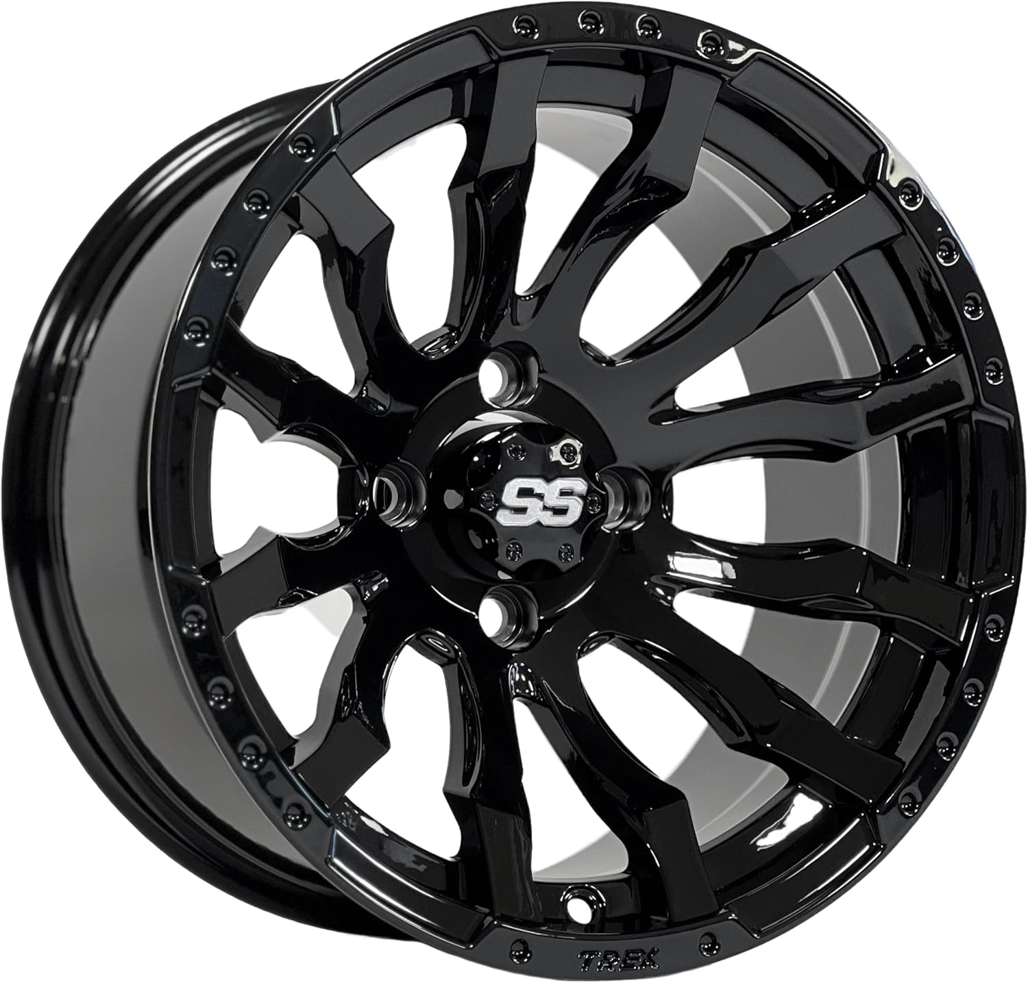 12" MAVERICK GLOSS BLACK ALUMINUM WHEELS AND 20X10-12" DOT ALL TERRAIN TIRES COMBO - SET OF 4 (Metric Lugs)