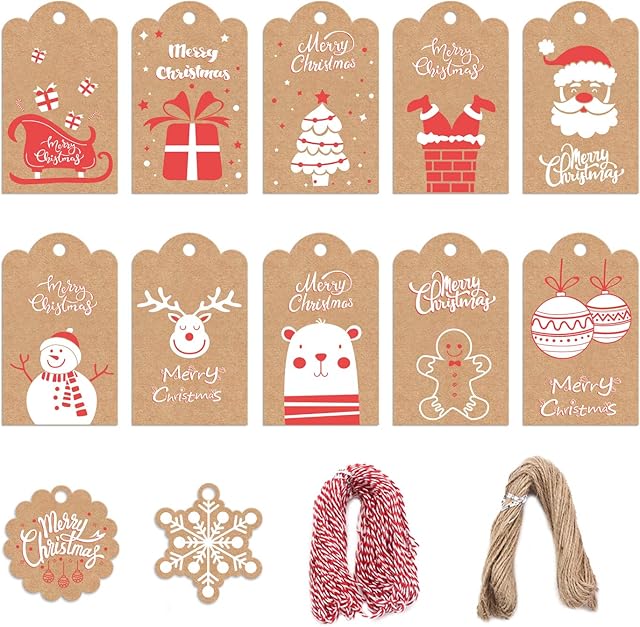 LOKIPA Christmas Label Gift Tags,100 Christmas Kraft Paper Name Tag with 200 feet String