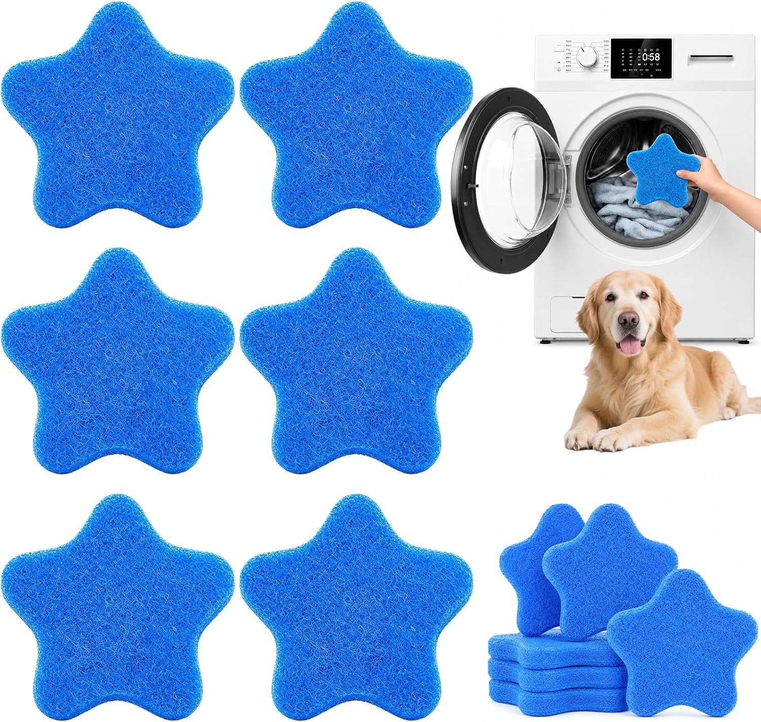 6Pcs Pet Hair Remover for Laundry, Reusable Pet Hair Sponges, Effectively Removes Pet Hair, Lint and Dander from Bedding and Clothing, Suitable for Washing Machines, Dryer