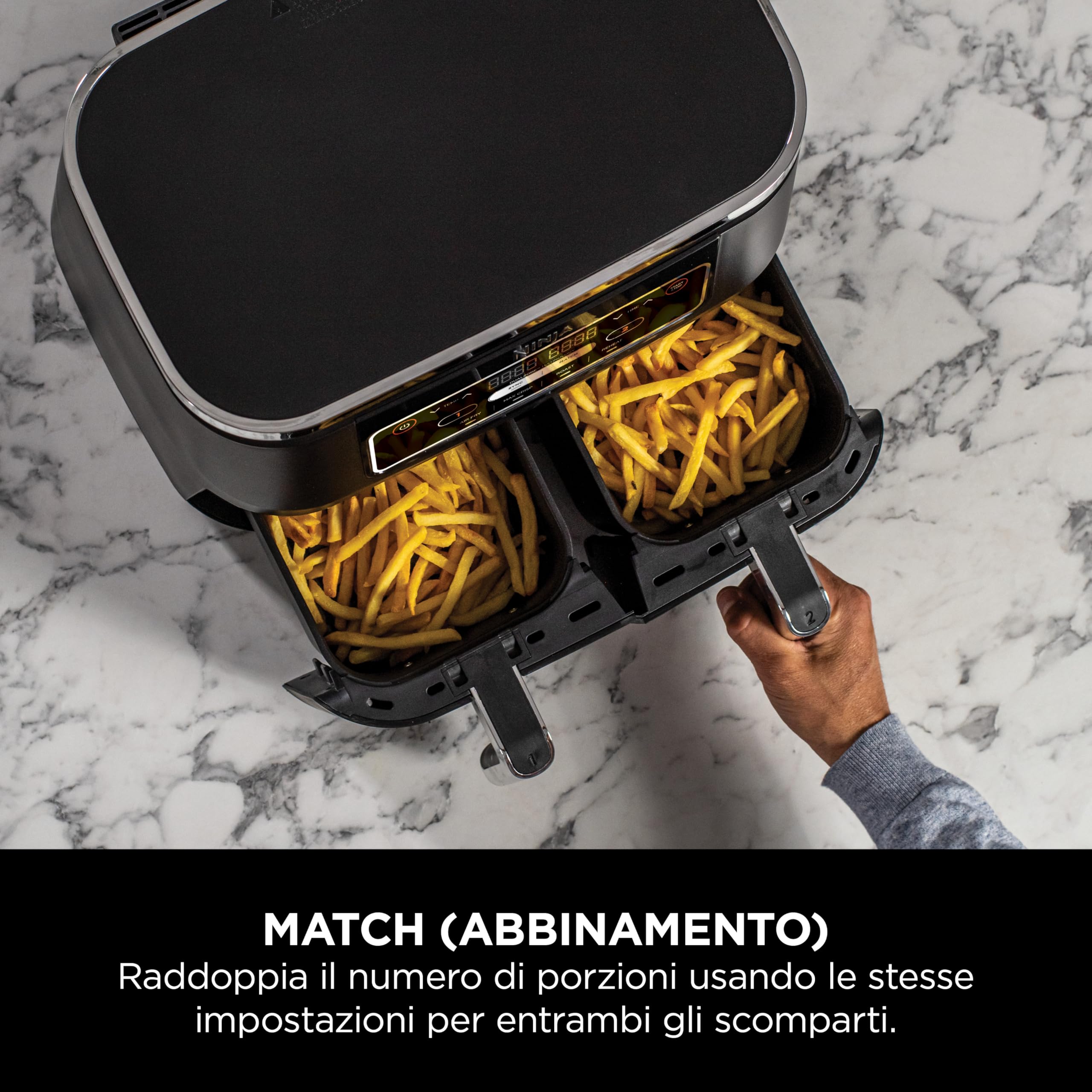 Ninja Foodi Dual Zone, Friggitrice ad Aria, 7,6L, 2 Cassetti, Nero, AF200EU | 4 in 1, 2 Cestelli Antiaderenti, Massima Croccantezza, Cottura Arrosto e Riscaldamento, Lavabile in Lavastoviglie