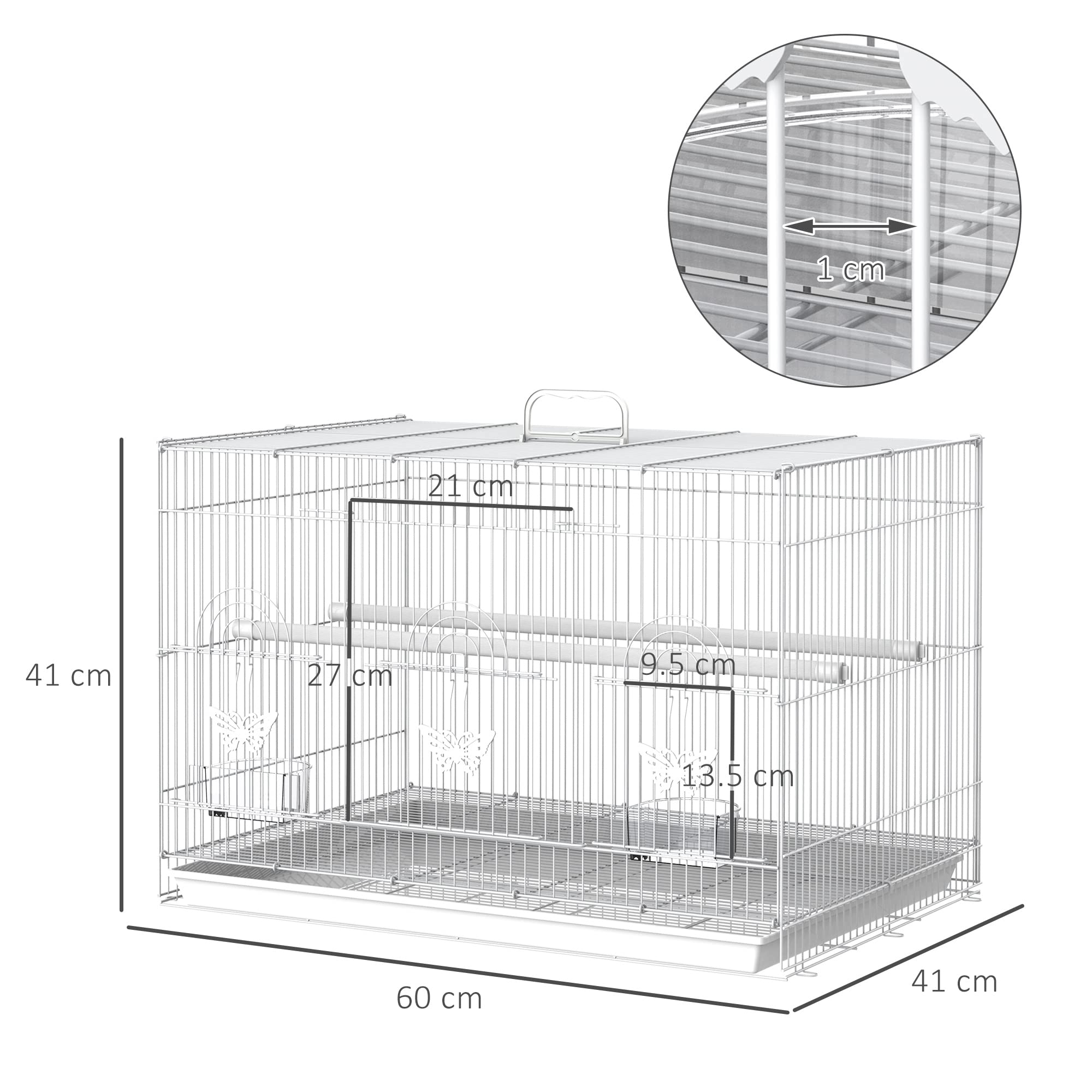 PawHut Gabbia per Uccelli in Metallo con Posatoi e Ciotole per Cibo, Voliera per Canarini e Pappagallini 60x41x41cm, Bianco
