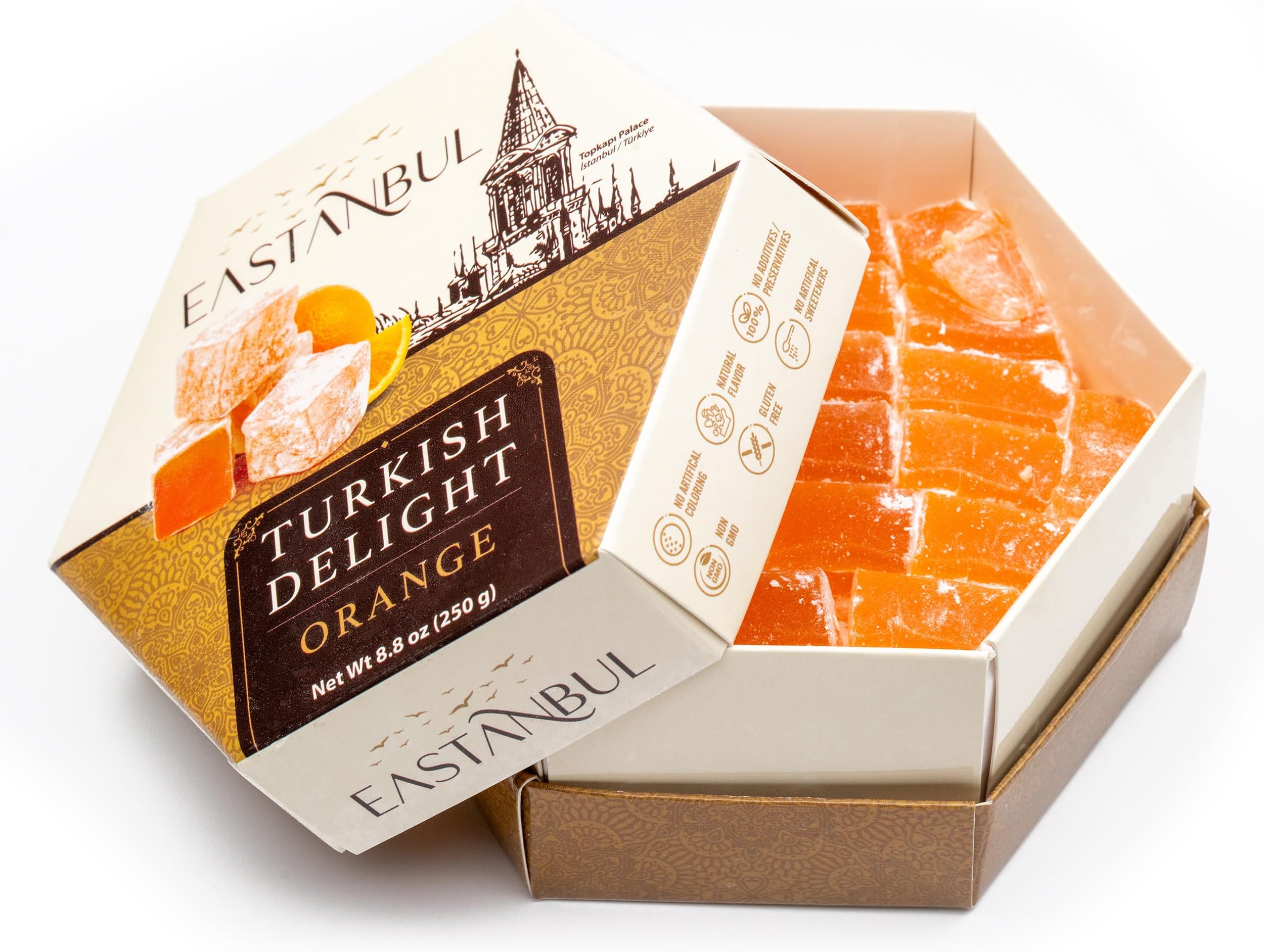 Eastanbul Turkish Delight, 8.8oz, Turkish Delights Candy with Orange Flavor, Lokum, Loukoumi, Narnia Gifts, Vegan Gifts, Nut-Free, Gluten Free