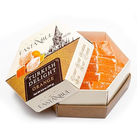Eastanbul Turkish Delight, 8.8oz, Turkish Delights Candy with Orange Flavor, Lokum, Loukoumi, Narnia Gifts, Vegan Gifts, Nut-Free, Gluten Free