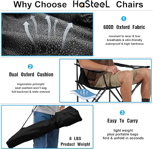 Miniatura 10 de HaSteeL Juego de 2 sillas plegables de campamento, sillas de campamento plegables y bolsas de transporte para adultos, portátil para césped, al aire