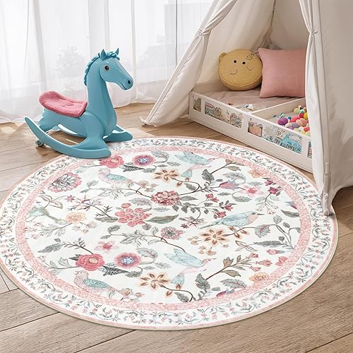 Miniatura 6 de Alfombras redondas florales rosas de 4 pies, alfombra circular bohemia lavable para dormitorio de niñas, alfombra circular botánica suave