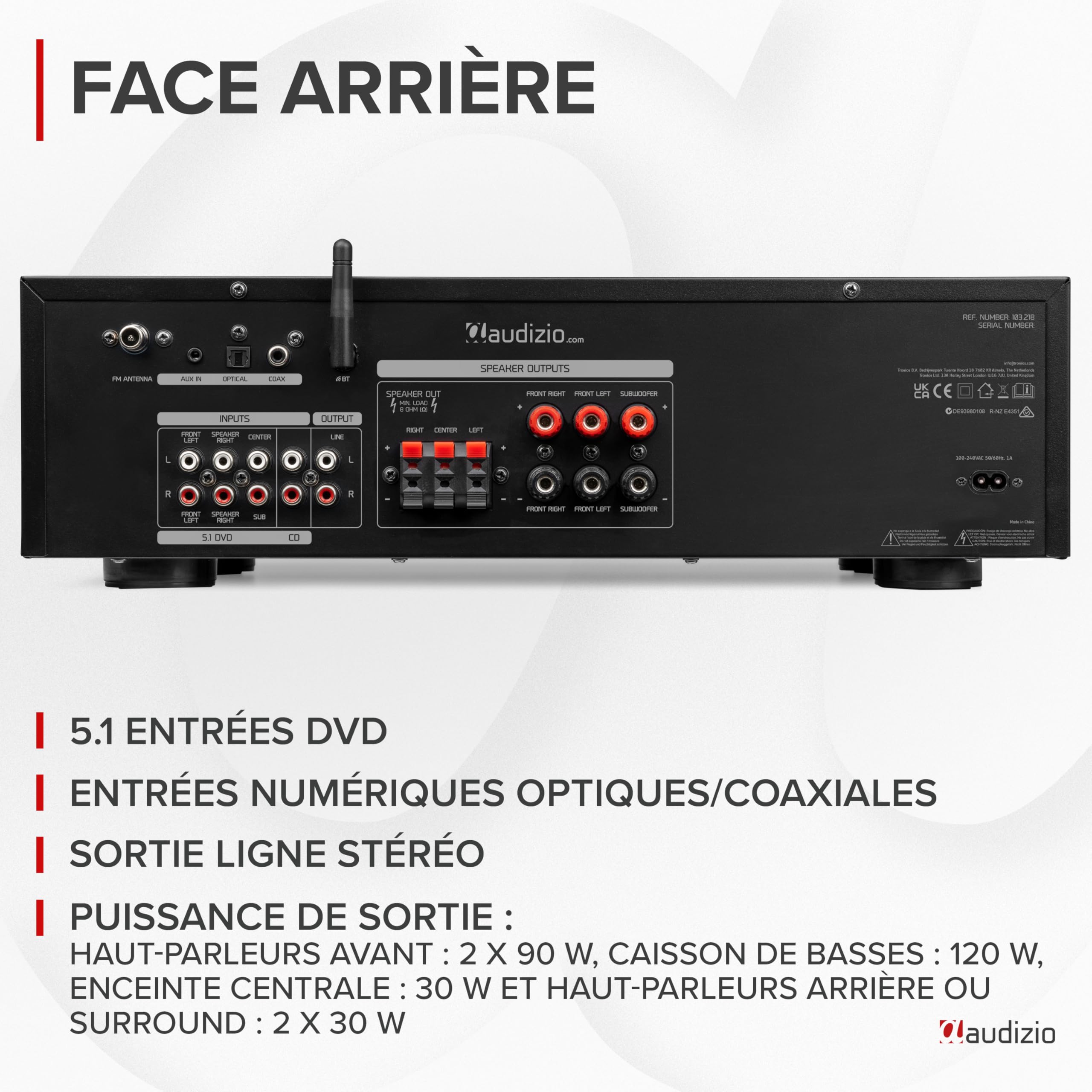 Audizio AV560EQ - Amplificateur Home Cinema 5.1 390 W avec Bluetooth, USB, FM, Karaoké & Entrées Numériques