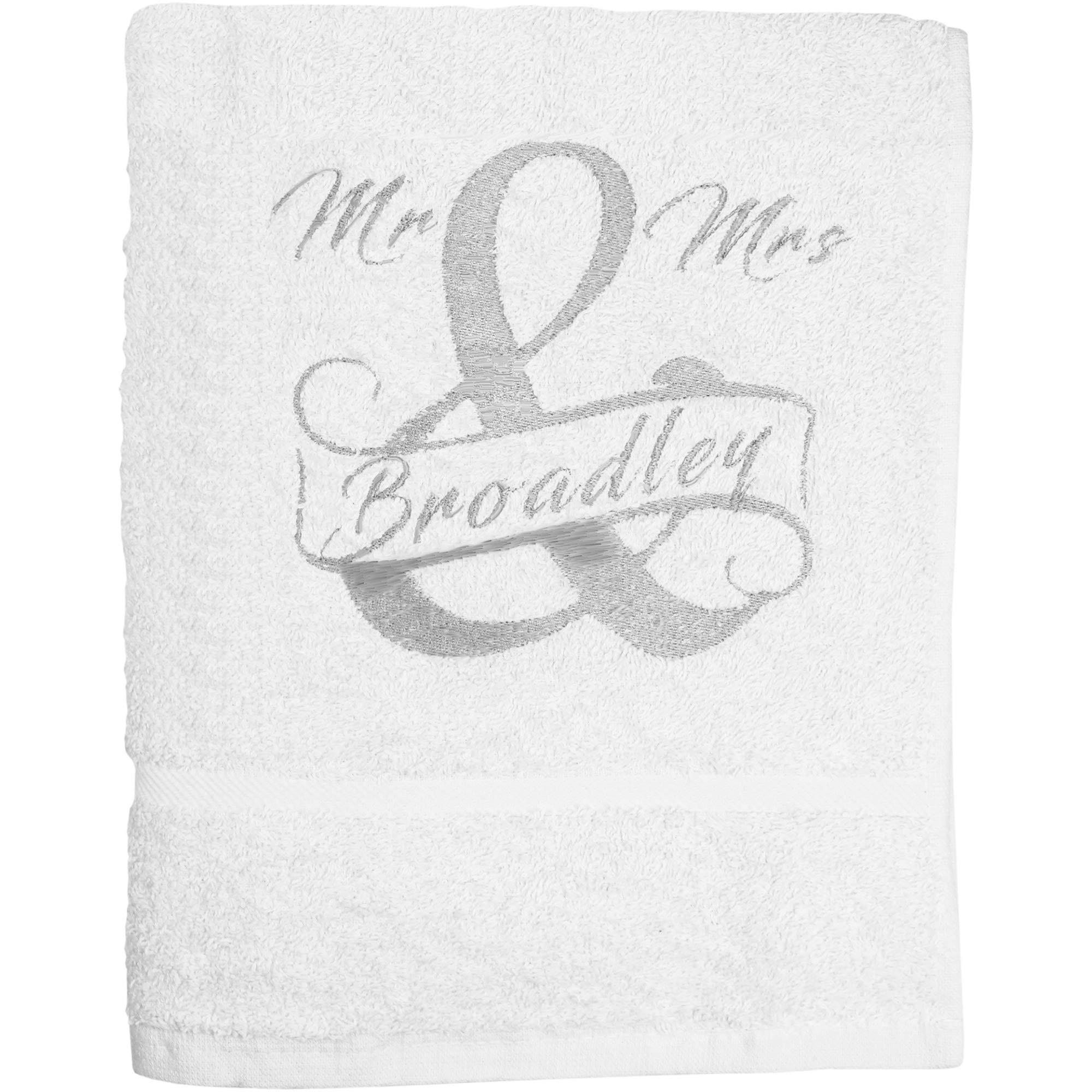 TeddyTs Personalised Mr & Mrs Embroidered Wedding Towels Gift Set (White & Silver, 2 Hand Towels)