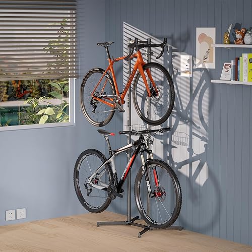 Miniatura 6 de CXWXC Estante de almacenamiento para 2 o 4 bicicletas con cesta - Portabicicletas interior para garajeapartamento - Road Mountain y bicicletas