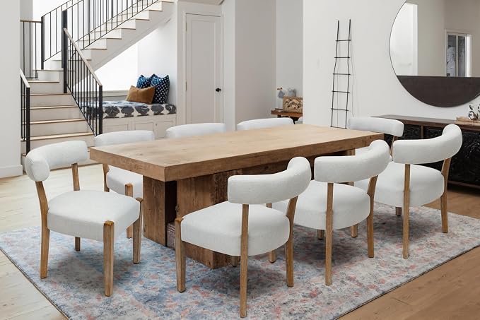 Wooden Dining Chairs Set of 8 Upholstered Kitchen & Dining Room Linen Fabric Chairs Mid Century Modern Dining Woven Chairs Low Back, Beige Fabric