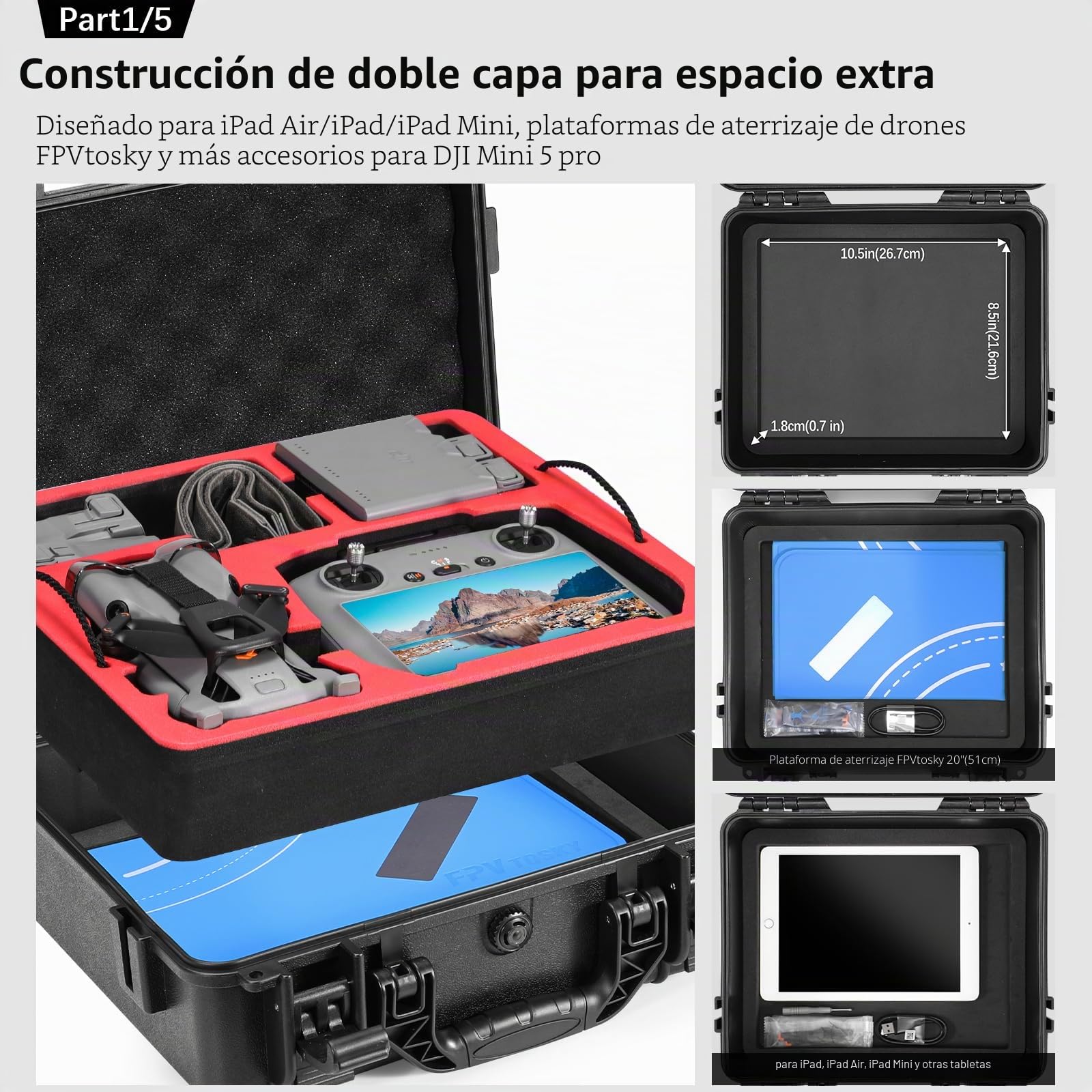 FPVtosky Juego de estuches rígidos para DJI Mini 5 Pro,kit de accesorios para drones que incluye Funda de doble capa,plataforma de aterrizaje, cordón, protector de pantalla y cubierta parasol (5 en 1)