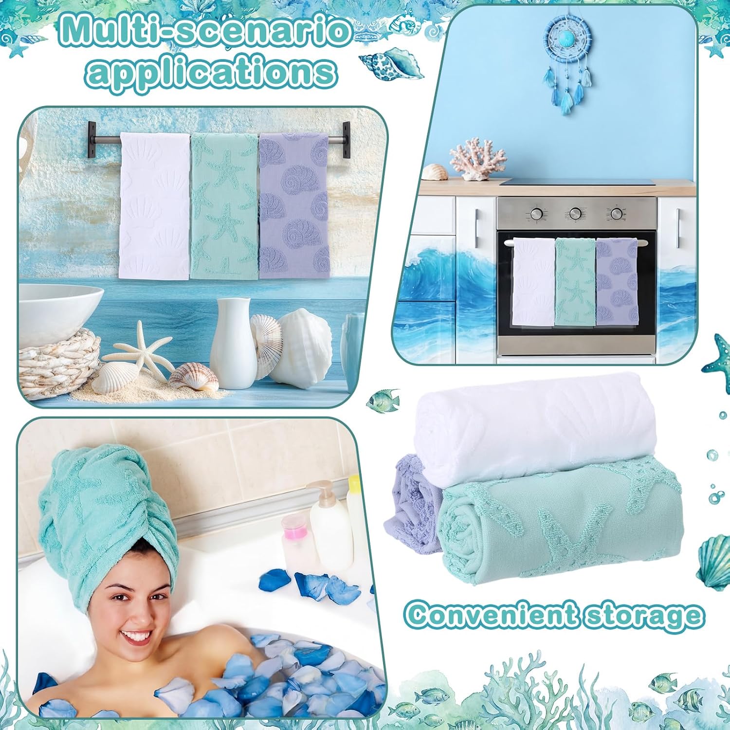 Moukeren 3 Pcs Coastal Hand Towels for Bathroom Ocean Beach Decorative Bath Towels 100% Cotton Jacquard 3D Sea Starfish Shells Absorbent for Summer Beach Theme Gifts Bathroom Decor 13.78 x 29.53 Inch