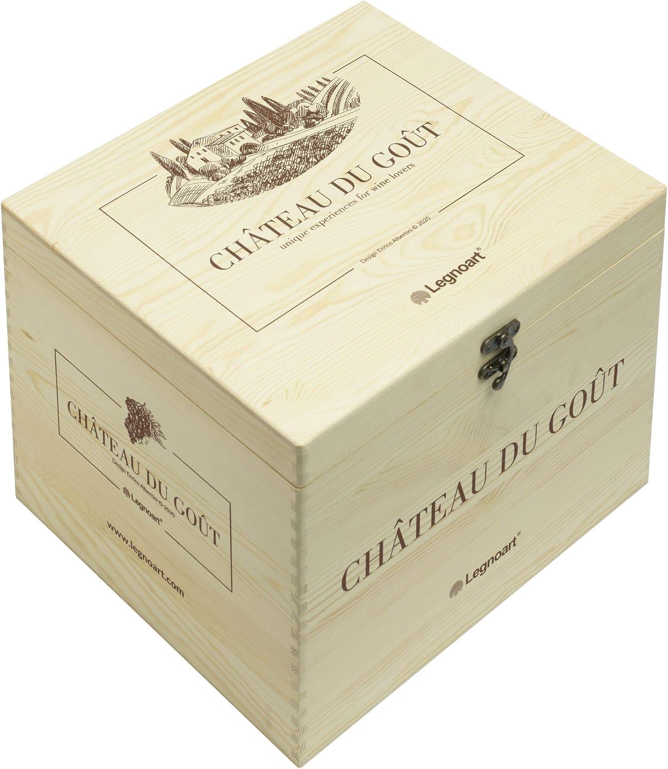Legnoart Chateau Du Gout Wine Decanter Complete Set in a Luxury Wooden Crate 5-Piece with Oak Wood Base, Funnel with Filter, Decanter Drying Stand & Cork Presentation Holder