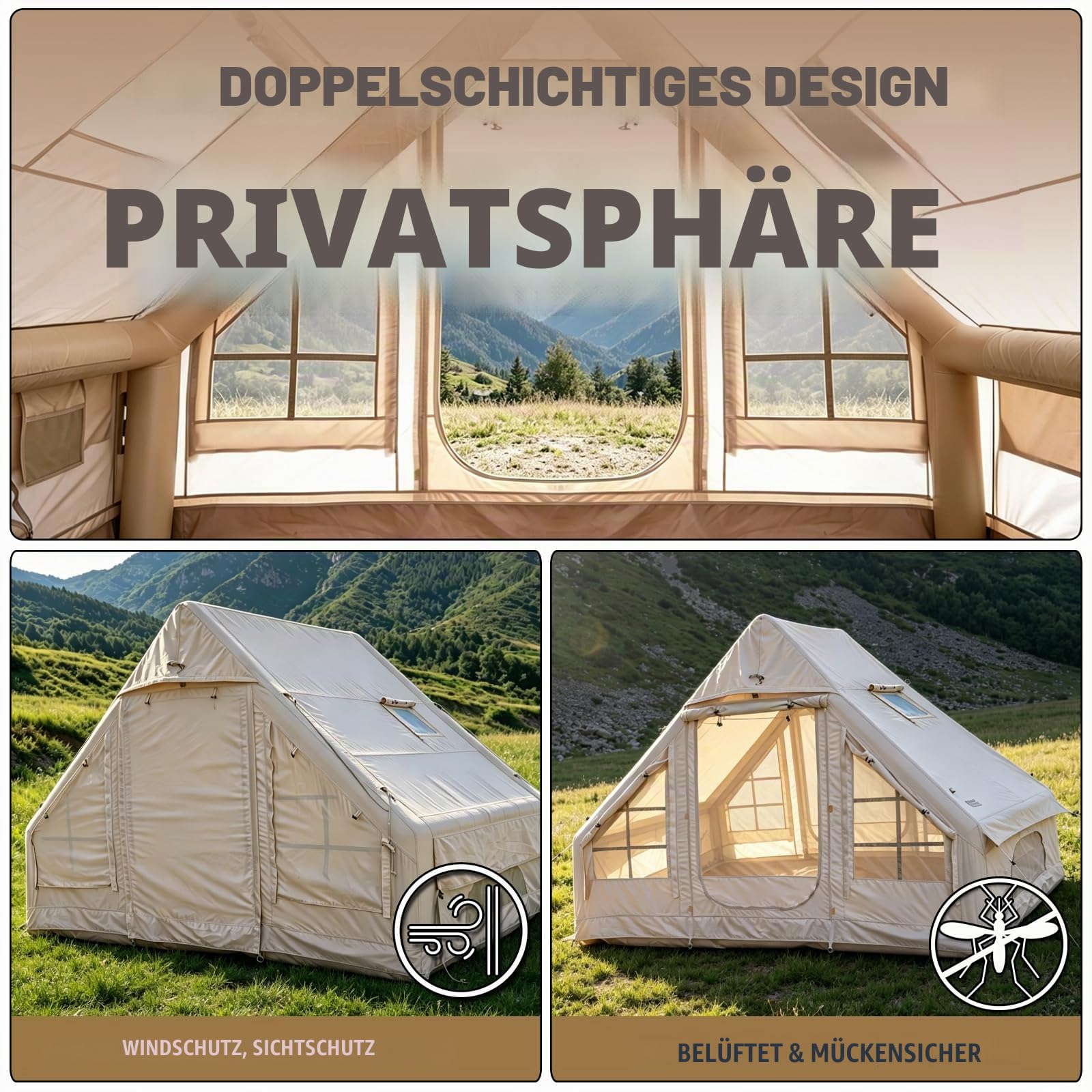 Aufblasbare Campingzelte Mit Handpumpe, Luftglamping-Zelte, Einfach Aufzubauen, Wasserdicht & Winddichte 4-Jahreszeiten-Oxford-Kabinenzelte.