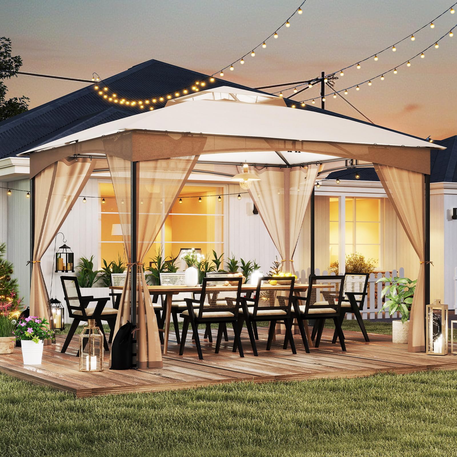 COSTWAY Carpa Plegable 3,65x3m, Pop up, Pergola de Jardin con Paredes de Malla, Dosel de Techo Doble, Puertas con Cremallera, Estructura de Metal, Cenador Pabellón Jardin Exterior (Caqui)