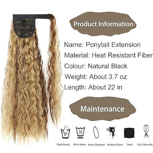 Miniatura 4 de Extensiones de cabello ondulado con cola de caballo, 22 pulgadas de largo, ondulado, rizado, envolvente, cola de caballo, resistente al calor,