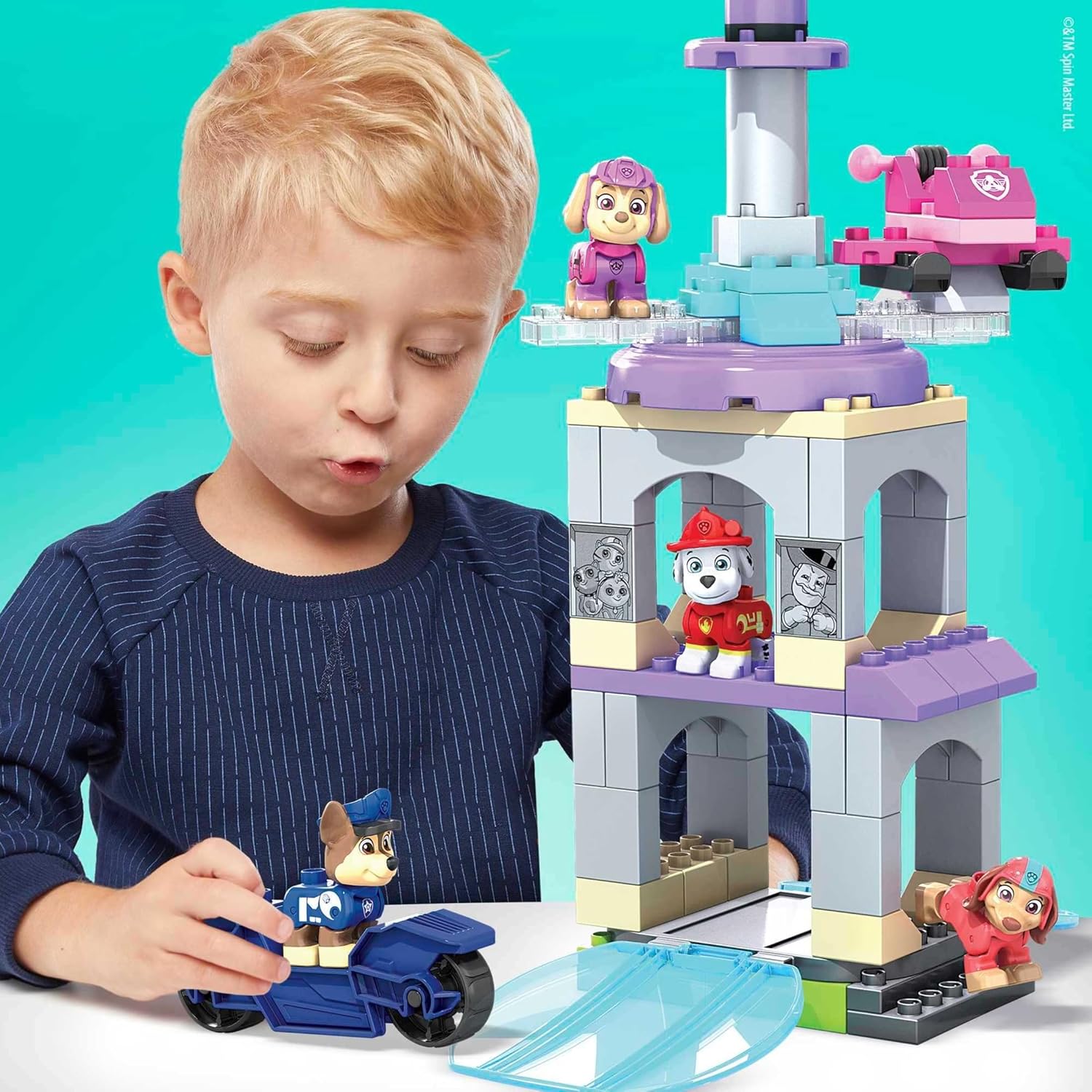 Various building blocks and specialized pieces for the MEGA HFC18 Paw Patrol kit, including red, white, grey, and clear blue blocks, with the text 'BUILD IT!'.