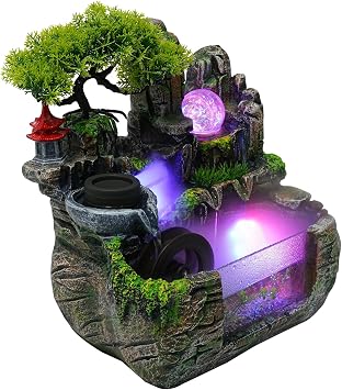 Tabletop Fountain, Desktop Fountain, IndoorTabletop Desk Water Fountains with Pump Waterfall Fountain Indoor Coloured LED Lights for Home Office Decor
