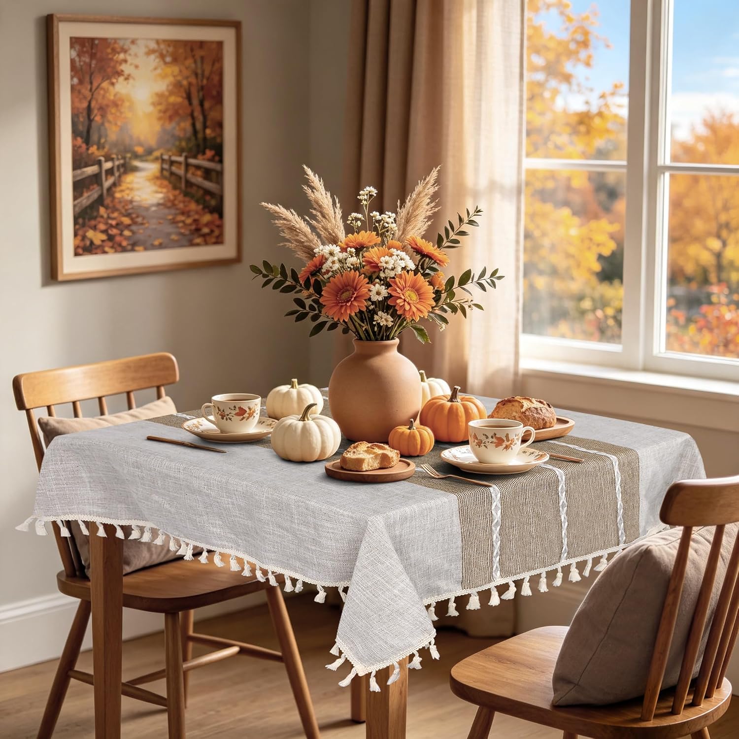 Boho Small Tablecltoh Square 36 x 36 inch, Fall Cotton Linen Table Decor