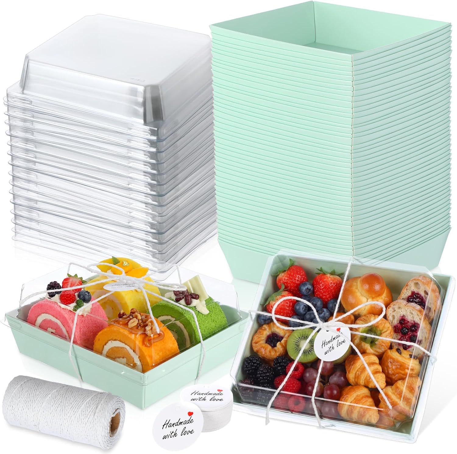 Outus 100 Pack Charcuterie Boxes with Clear Lids, 5.7 x 5.1 '', Mother 's Day Back to School Paper Food Containers Cake Take out Bakery Boxes with Gift Tags Rope for Desserts(Green,Brown,Christmas)