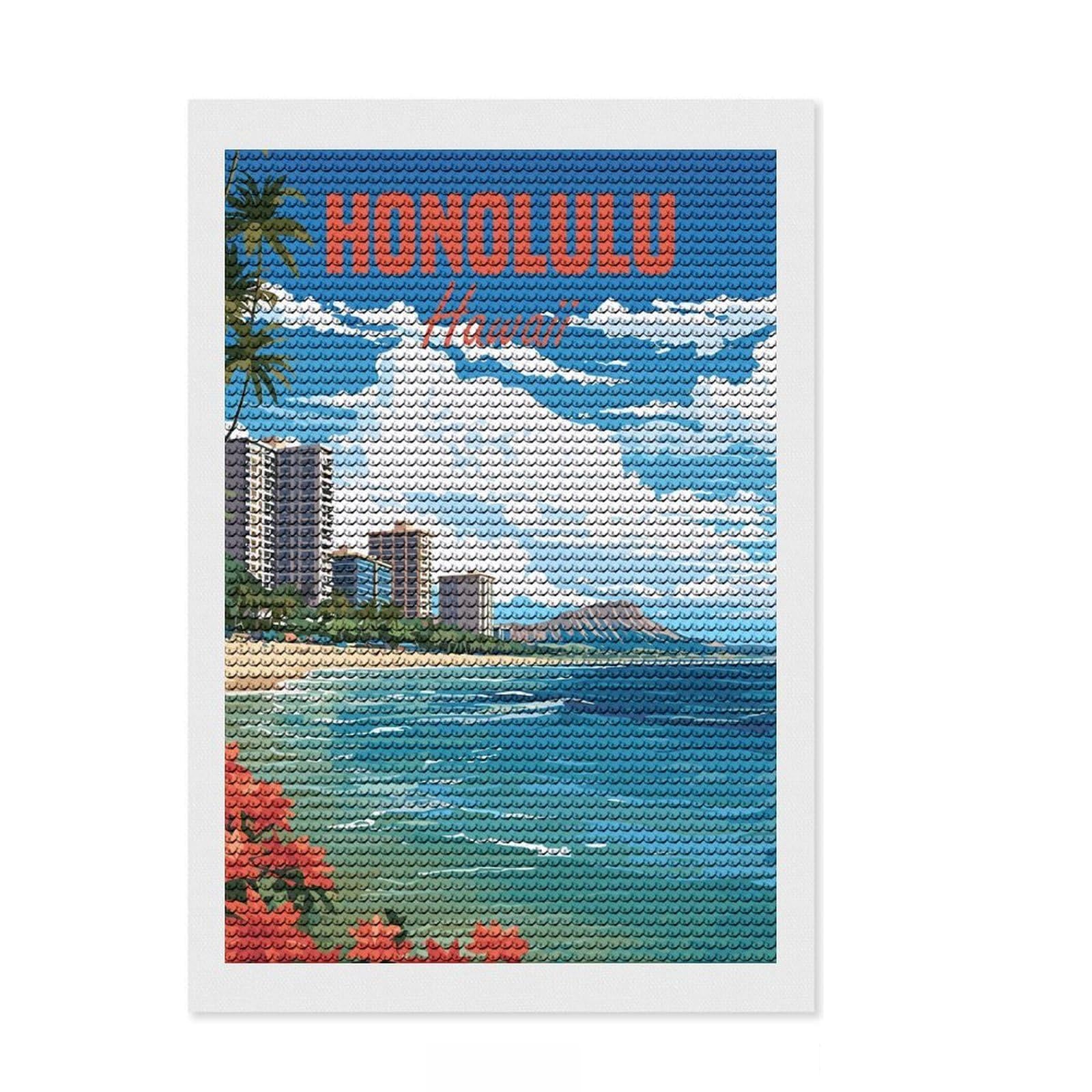 Junmoney Honolulu Hawaii Round Drill Diamond Painting 8"x12", Relaxing DIY Hobby, Sparkling Round Gems, Modern Decor, for Adults