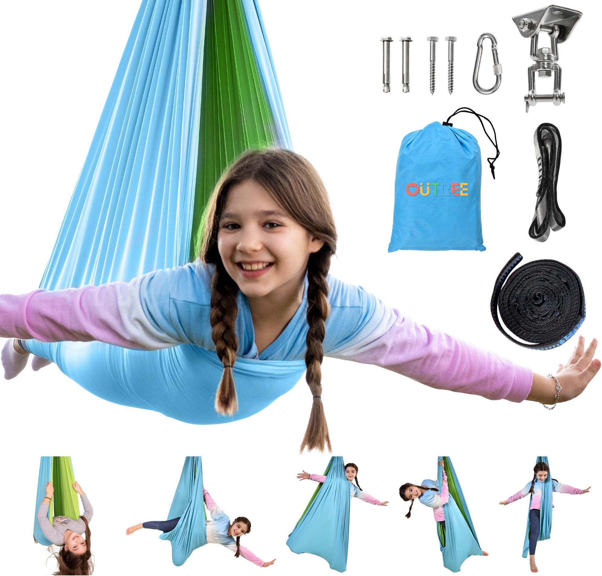 Sensory Swing, Double Layer Therapy Swing with 360° Swivel Hanger, Healing & Relaxing Cuddle Sensory Swing for Kids and Adults with Autism, ADHD, Sensory Processing Disorder(Blue and Green)