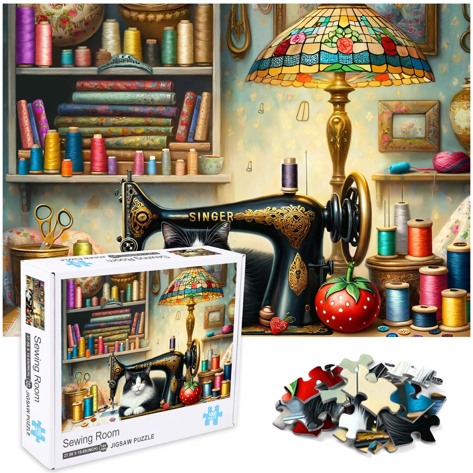 crowm Jigsaw Puzzles for Adults 1000 Pieces, The Sewing Room Cat Challenging Puzzles for Game Nights Living Room Art Decor & Sewing Lovers Gifts